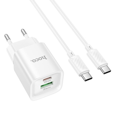 мережевий зарядний пристрій hoco c147a 1usb/18w/qc3.0 + 1type-c/20w/pd + (type-c - type-c) (білий) 