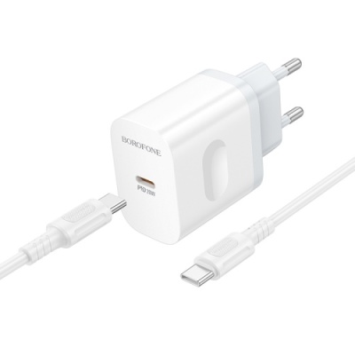 мережевий зарядний пристрій borofone ba99a 1type-c/20w/pd + (type-c - type-c) (білий) 