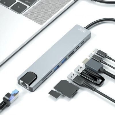 usb hub адаптер xo-hub003 2 usb/type c/pd/hdmi 4k/sd/tf/rj45 8 in 1 (чорний) 