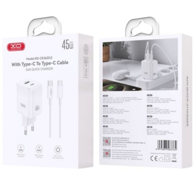 мережевий зарядний пристрій xo ce36 gan 1usb/18w/qc3.0 + 1type-c/45w/pd + (type-c - type-c) (бiлий) 