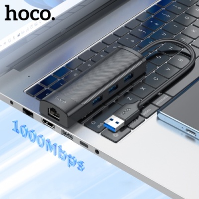 usb hub hoco hb42 easy safety 4-in-1 gigabit ethernet adapter(usb to usb3.0*3+rj45) black 