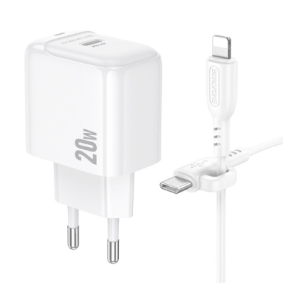 мережевий зарядний пристрій borofone bas43a 1type-c/20w/pd + (type-c - lightning) (білий) 