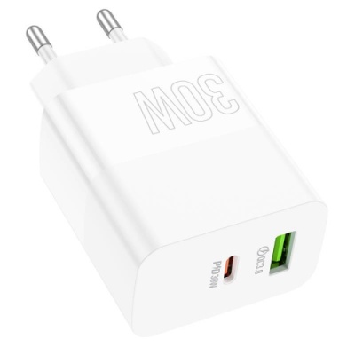мережевий зарядний пристрій borofone ba75a powerfull 1usb/18w/qc3.0 + 1type-c/30w/pd (бiлий) 