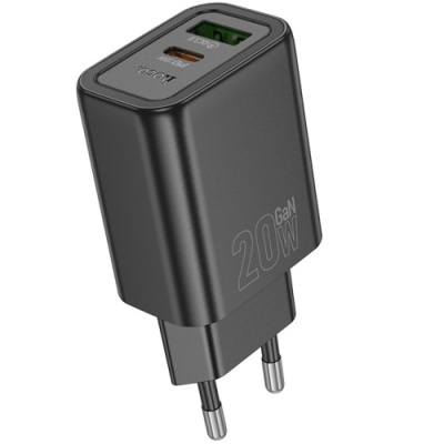 мережевий зарядний пристрій hoco n61 1usb/18w/qc3.0 + 1type-c/20w/pd (чорний) 