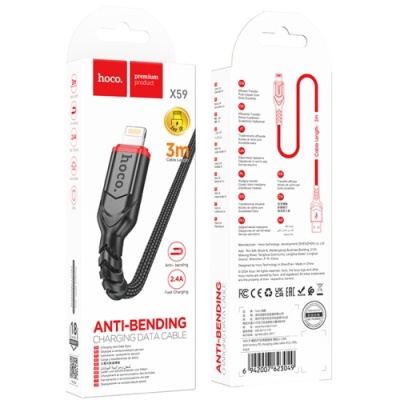 кабель hoco x59 victory usb - lightning 2.4a/3m (чорний) 