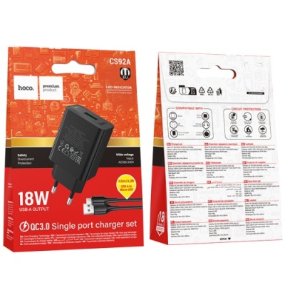 мережевий зарядний пристрій hoco cs92a 1usb/18w/qc3.0 + (usb - microusb) (чорний) 