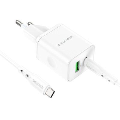 мережевий зарядний пристрій borofone bn7 1usb/18w/qc3.0 + 1type-c/20w/pd + (type-c - type-c) (бiлий) 