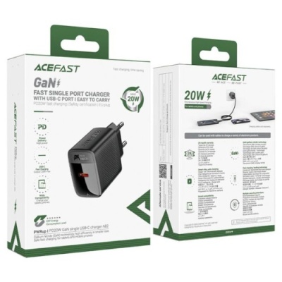 мережевий зарядний пристрій acefast a82 pd20w (1type-c) + type-c - type-c (чорний) 