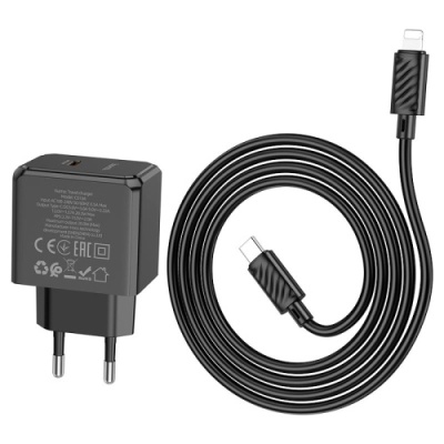 мережевий зарядний пристрій hoco cs13a 1type-c/20w/pd + (type-c - lightning) (чорний) 