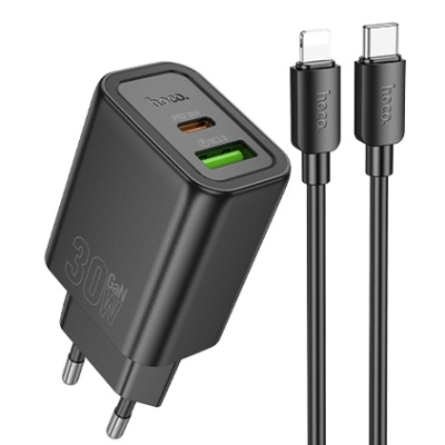мережевий зарядний пристрій hoco n63 1usb/18w/qc3.0 + 1type-c/30w/pd + (type-c - lightning) (чорний) 