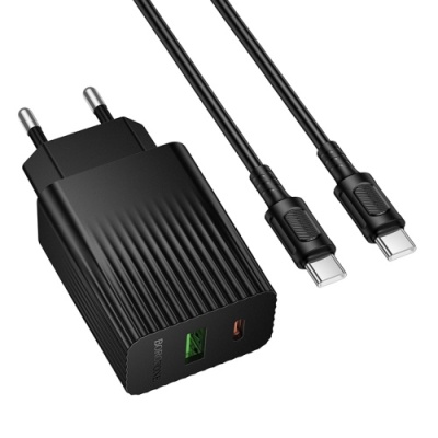мережевий зарядний пристрій borofone bas76a 1usb/18w/qc3.0 + 1type-c/30w/pd + (type-c - type-c) (чорний) 
