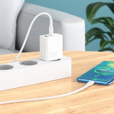 мережевий зарядний пристрій borofone ba75a powerfull 1usb/18w/qc3.0 + 1type-c/30w/pd (бiлий) 