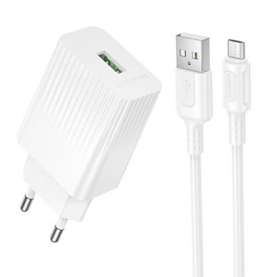 мережевий зарядний пристрій borofone bas72a 1usb/18w/qc3.0 + (usb - microusb) (білий) 