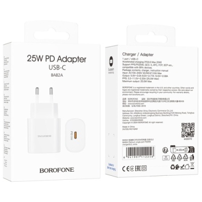 мережевий зарядний пристрій borofone ba82a power 1type-c/25w/pd (білий) 