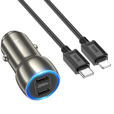 Автомобільний Зарядний Пристрій Hoco Z48 2Type-C/20W/PD + (Type-C - Lightning) (Металево-сірий)