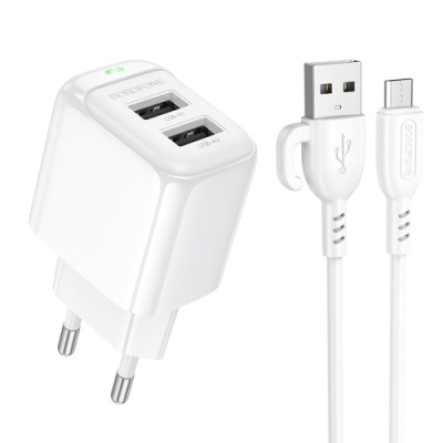 мережевий зарядний пристрій borofone bas41a 2usb/12w/2.4a + (usb - microusb) (білий) 