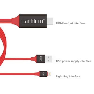кабель hdmi earldom et-w5 hdmi 1080p lighting to hdtv/video/charge/2m (червоний) 