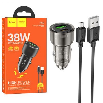 Автомобільний Зарядний Пристрій Hoco Z52 1USB/18W/QC3.0 + 1Type-C/20W/PD + (USB - MicroUSB) (Чорний)