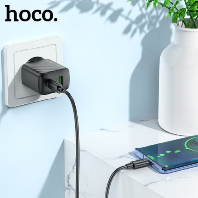 мережевий зарядний пристрій hoco cs23a 1usb/18w/qc3.0 + 1type-c/30w/pd + (type-c - type-c) (чорний) 