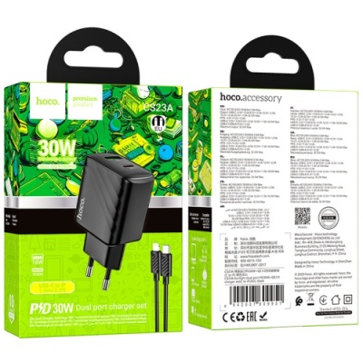 мережевий зарядний пристрій hoco cs23a 1usb/18w/qc3.0 + 1type-c/30w/pd + (type-c - lightning) (чорний) 