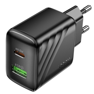 мережевий зарядний пристрій hoco cs25a 1usb/18w/qc3.0 + 1type-c/20w/pd (чорний) 
