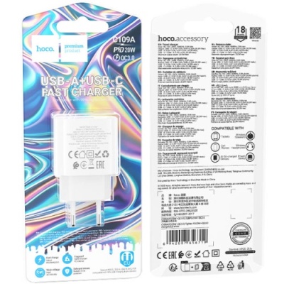 мережевий зарядний пристрій hoco c109a new 1usb/18w/qc3.0 + 1type-c/20w/pd (білий) 