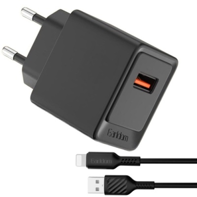 мережевий зарядний пристрій earldom es-eu45l 1usb/18w/qc3.0 + (usb - lightninig) (чорний) 