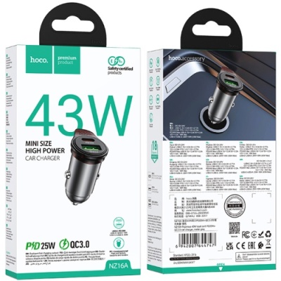 Автомобільний Зарядний Пристрій Hoco NZ16A PD25W+QC3.0 (1USB/1Type-C) (сірий)