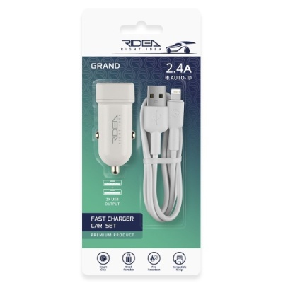 Автомобільний Зарядний Пристрій Ridea RCC-21312 Grand 2USB/2.4A + (USB - Lightning) (Білий)