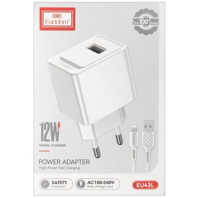 мережевий зарядний пристрій earldom es-eu43l 1usb/2.4a/12w + (usb - lightning) (білий) 