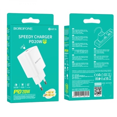 мережевий зарядний пристрій borofone ba81a power 1type-c/20w/pd (білий) 