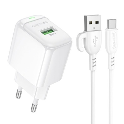 мережевий зарядний пристрій borofone bas42a 1usb/18w/qc3.0 + (usb - type-c) (білий) 