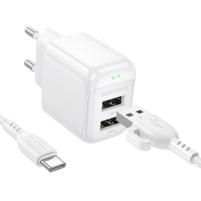 мережевий зарядний пристрій borofone bas41a 2usb/12w/2.4a + (usb - type-c) (білий) 