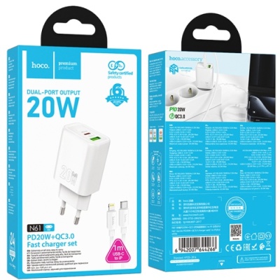 мережевий зарядний пристрій hoco n61 1usb/18w/qc3.0 + 1type-c/20w/pd + (type-c - lightning) (білий) 