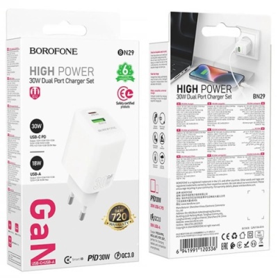 мережевий зарядний пристрій borofone bn29 1usb/18w/qc3.0 + 1type-c/30w/pd (білий) 