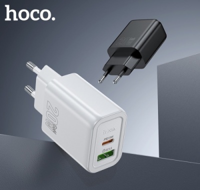 мережевий зарядний пристрій hoco n61 1usb/18w/qc3.0 + 1type-c/20w/pd (чорний) 