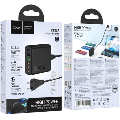 мережевий зарядний пристрій hoco c133a 75w 1usb/18w/qc3.0 + 1type-c/45w/pd (чорний) 