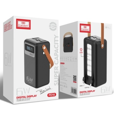 додаткова батарея power bank earldom et-pd16 60000 mah vs led lamp pd20w+qc3.0 22.5w (чорний) 