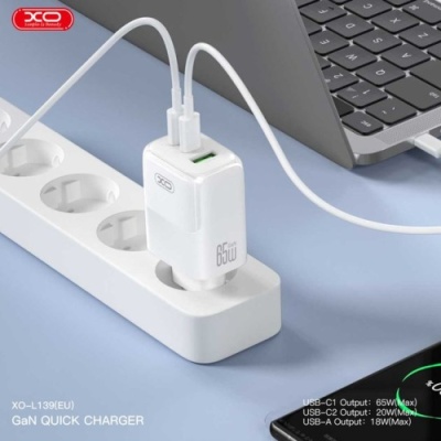 мережевий зарядний пристрій xo l139 1usb/18w/qc3.0 + 2type-c/65w/pd (бiлий) 