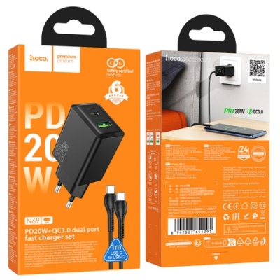 мережевий зарядний пристрій hoco n69 1usb/18w/qc3.0 + 1type-c/20w/pd + (type-c - type-c) (чорний) 