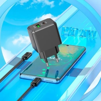 мережевий зарядний пристрій hoco cs14a 1usb/18w/qc3.0 + 1type-c/20w/pd (чорний) 