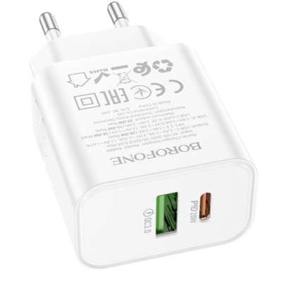 мережевий зарядний пристрій borofone ba88a 1usb/18w/qc3.0 + 1type-c/20w/pd (білий) 
