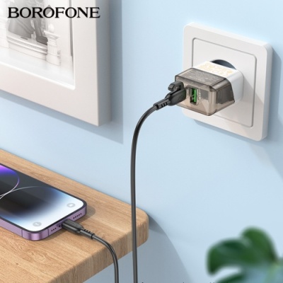 мережевий зарядний пристрій borofone ba80a 1usb/18w/qc3.0 + 1type-c/20w/pd + (type-c - lightning) (прозоро-чорний) 