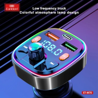 FM Модулятор Earldom ET-M70 PD18W/RGB 7 colors/USB/USB-C/U-Disk/3.1A (Чорний)