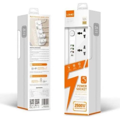 мережевий подовжувач ldnio sc5415 5 universal ports /1 pd/1 qc/2 auto id 2m (білий) 