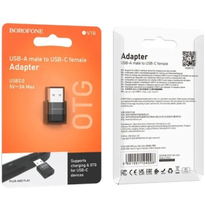 перехідник borofone bv18 usb 2.0 male - type-c female (чорний) 5v-3a max 