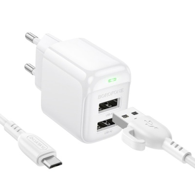 мережевий зарядний пристрій borofone bas41a 2usb/12w/2.4a + (usb - microusb) (білий) 