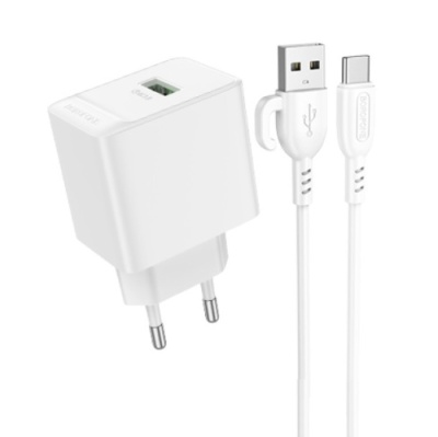 мережевий зарядний пристрій borofone bas12a 1usb/18w/qc3.0 + (usb - type-c) (білий) 