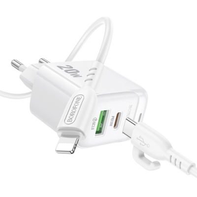 мережевий зарядний пристрій borofone bas44a 1usb/18w/qc3.0 + 1type-c/20w/pd + (type-c - lightning) (білий) 