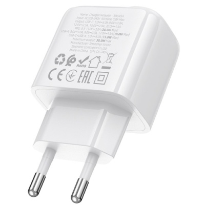 мережевий зарядний пристрій borofone bas45a 1usb/18w/qc3.0 + 1type-c/30w/pd (білий) 